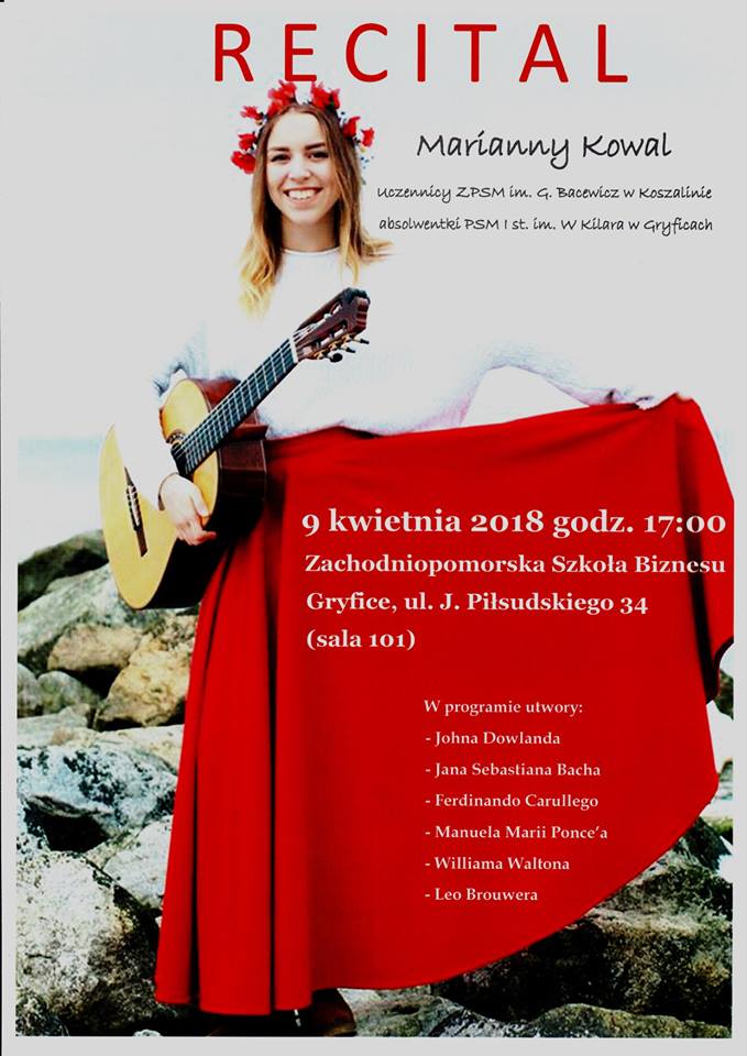Recital Marianny Kowal - koncert w Gryficach, plakat, kwiecień 2018