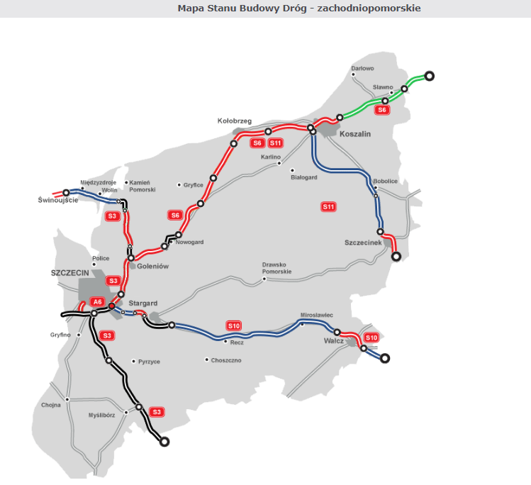 Oto mapa dróg powstających w województwie zachodniopomorskim.