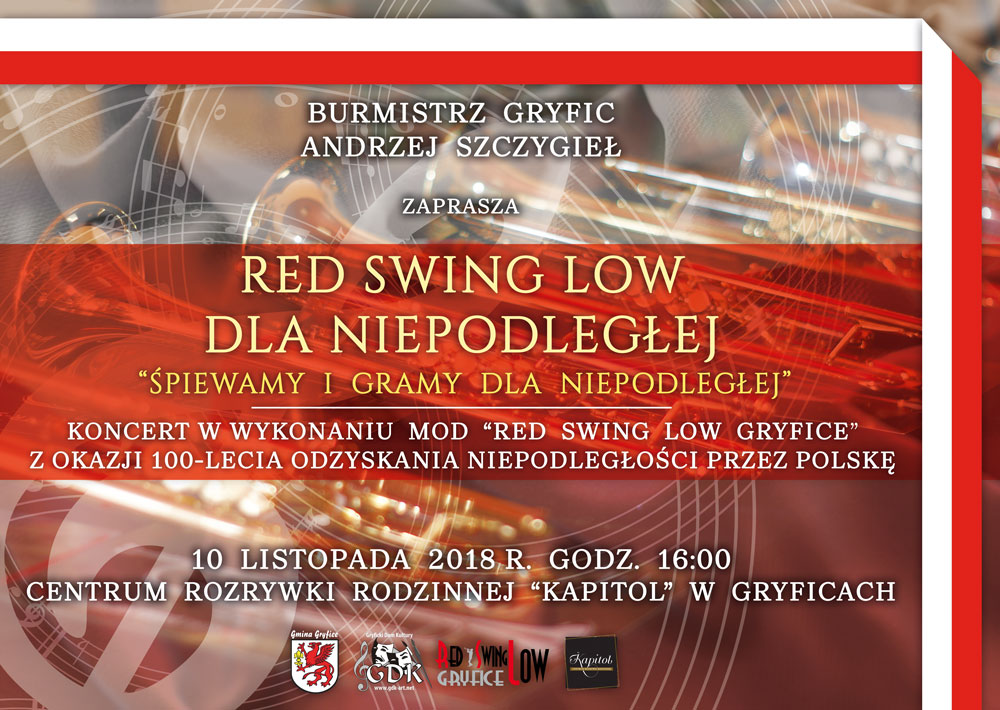 W najbliższą sobotę, 10 listopada, odbędzie się koncert orkiestry Red Swing Low z okazji 100-lecia niepodległości Polski.