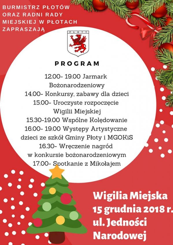 15 grudnia w Płotach odbędzie się Miejska Wigilia. Wszyscy mieszkańcy są zaproszeni!