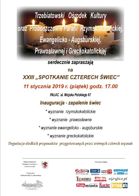 11 stycznia o godzinie 17.00 w trzebiatowskim Pałacu odbędzie się XXIII "Spotkanie Czterech Świec". Organizatorzy zapraszają wszystkich do wspólnego świętowania!